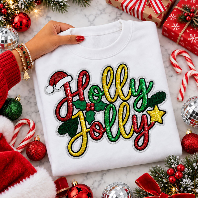 Holly Jolly sequin Christmas patch with red green and gold lettering, Santa hat, holly and silver glitter backing