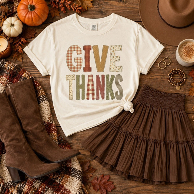 Give Thanks DTF transfer in patchwork fall fabric-style lettering with gingham, floral, and polka dot patterns