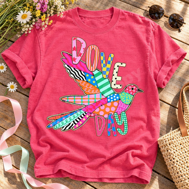 Dove Day DTF transfer featuring a whimsical patchwork-style dove in flight made of mixed bright patterns with bubble-letter DOVE and DAY text Shown on a Watermelon t-shirt.