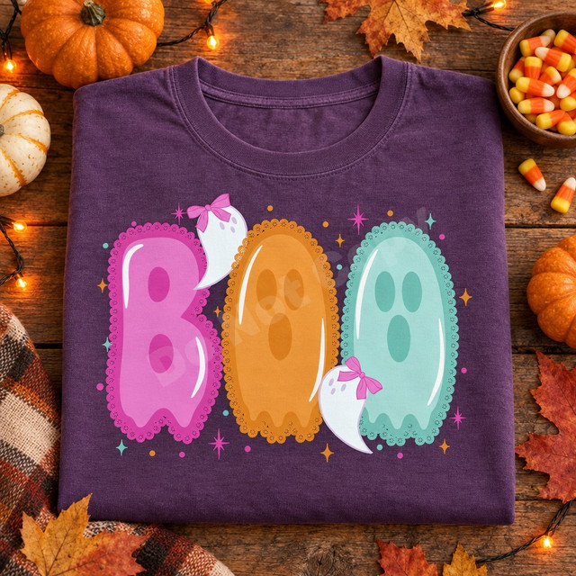 Pastel BOO Halloween DTF transfer with pink, orange, and mint scalloped lettering and two cute ghosts wearing pink bows Shown on a Grape t-shirt.
