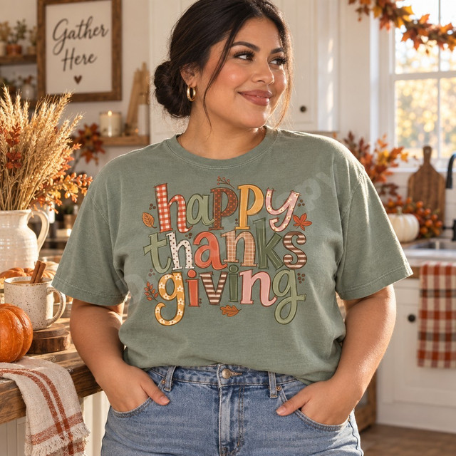 Happy Thanksgiving DTF transfer with colorful patchwork lettering in gingham, plaid, stripes, and polka dot patterns surrounded by fall leaf and berry doodles Shown on a Sage t-shirt.
