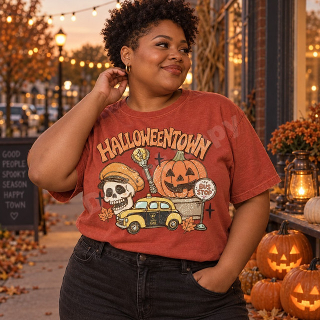 Halloweentown Halloween DTF transfer with skull conductor, glittery jack-o-lantern, yellow Psychic Cab taxi, and Bus Stop sign over a checkered floor Shown on a Paprika t-shirt.