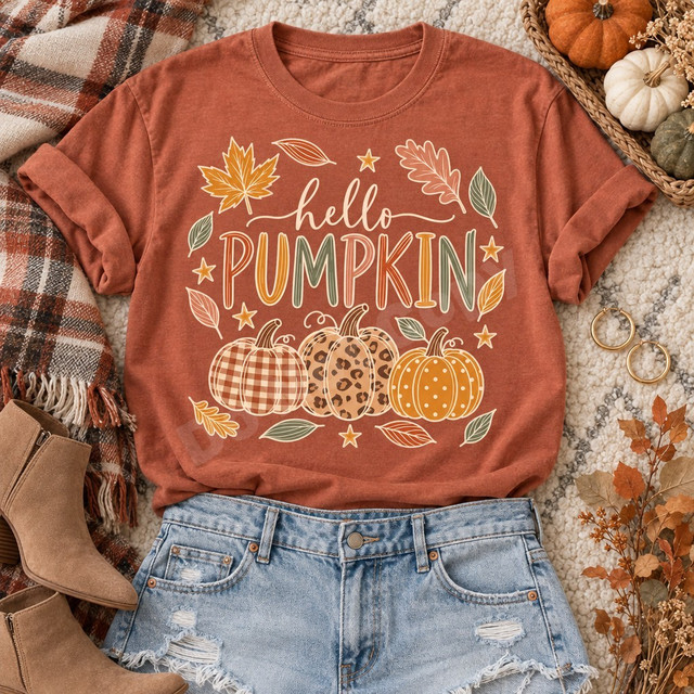 Hello Pumpkin DTF transfer with maple and oak leaves, stars, and three stacked pumpkins in gingham, leopard, and polka dot patterns Shown on a Terracotta t-shirt.