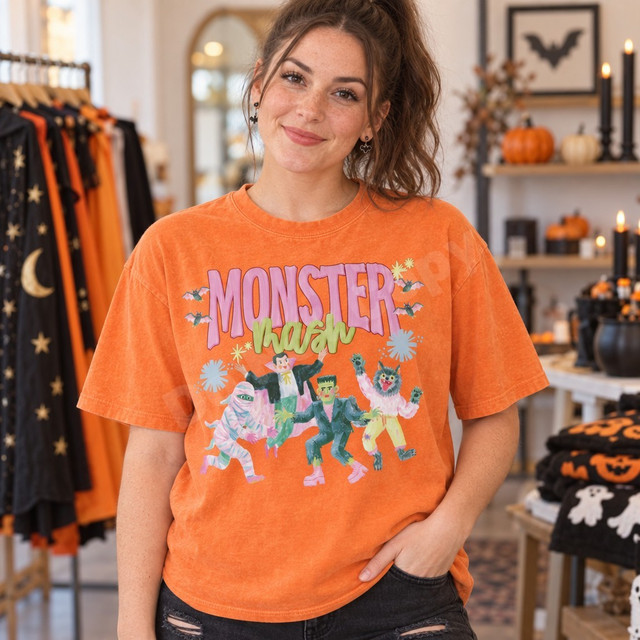 Monster Mash Halloween DTF transfer with retro lettering and dancing mummy, Dracula, Frankenstein's monster, and werewolf characters with bats and starburst doodles Shown on a Bright Orange t-shirt.