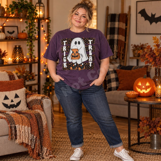 Trick or Treat ghost DTF transfer with jack-o-lantern bag and polka dot background on purple shirt Shown on a Grape t-shirt.
