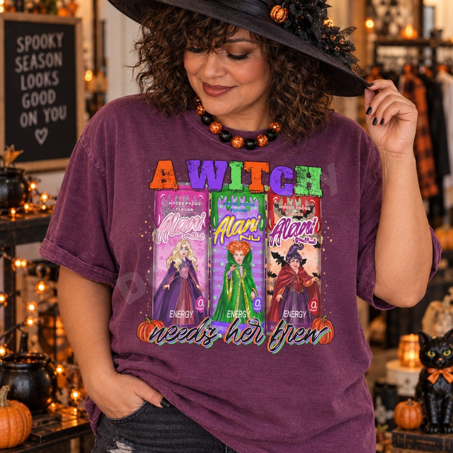 A Witch Needs Her Brew Halloween DTF transfer with three energy drink cans styled as Sanderson sisters characters, distressed lettering, and pumpkins Shown on a Berry t-shirt.