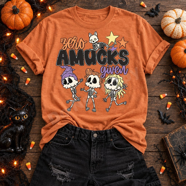 Zero Amucks Given Halloween DTF transfer with three dancing skeleton girls with colorful hair, a skeleton cat, and stars Shown on a Burnt Orange t-shirt.