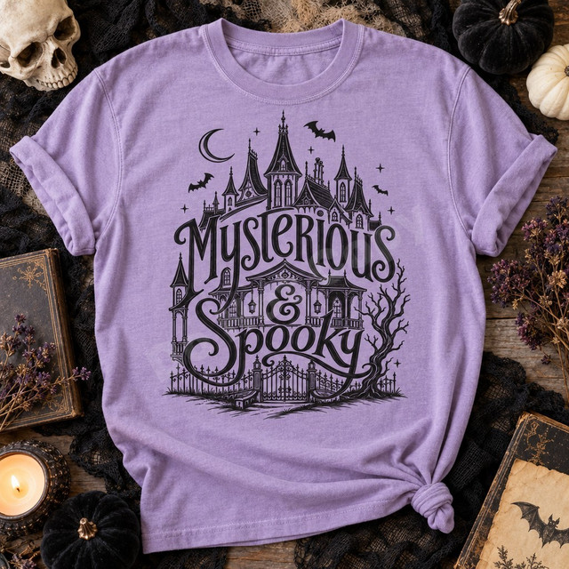 Mysterious & Spooky gothic Victorian mansion DTF transfer with crescent moon, bats, and wrought-iron gate in black ink illustration style Shown on a Orchid t-shirt.