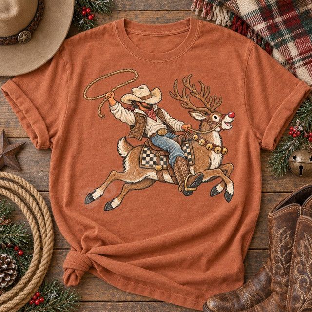 Cowboy swinging a lasso while riding Rudolick the reindeer DTF transfer, featuring western gear, studded saddle, and jingle-bell collar in illustrated style Shown on a Terracotta t-shirt.