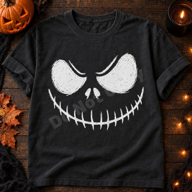 White sketch-shaded skeletal grinning face Halloween DTF transfer with hollow eyes and stitched smile on a black shirt Shown on a Pepper t-shirt.