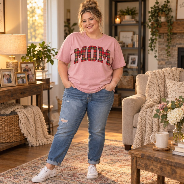 MOM DTF transfer in chunky varsity block letters with a red tartan plaid pattern and dark outline Shown on a Rose Quartz t-shirt.