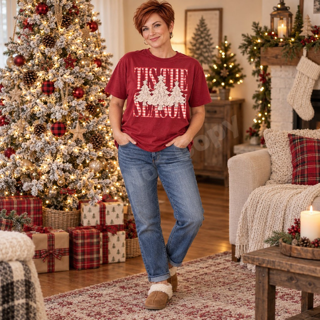 Tis the Season DTF transfer with three lace-textured ivory Christmas trees topped with lace stars over red-and-white gingham lettering Shown on a Crimson t-shirt.