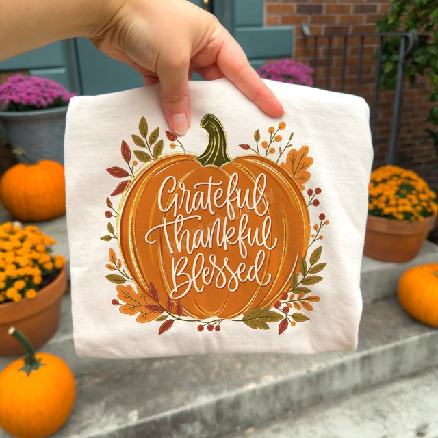 Grateful Thankful Blessed DTF transfer with hand-lettered script on an orange pumpkin graphic surrounded by fall leaves and berries