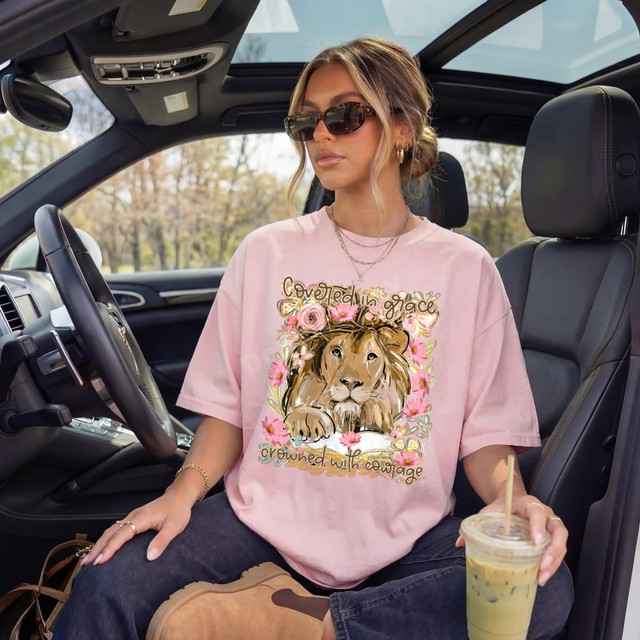 Covered in Grace, Crowned with Courage lion DTF transfer with watercolor florals in a boho faith-inspired design