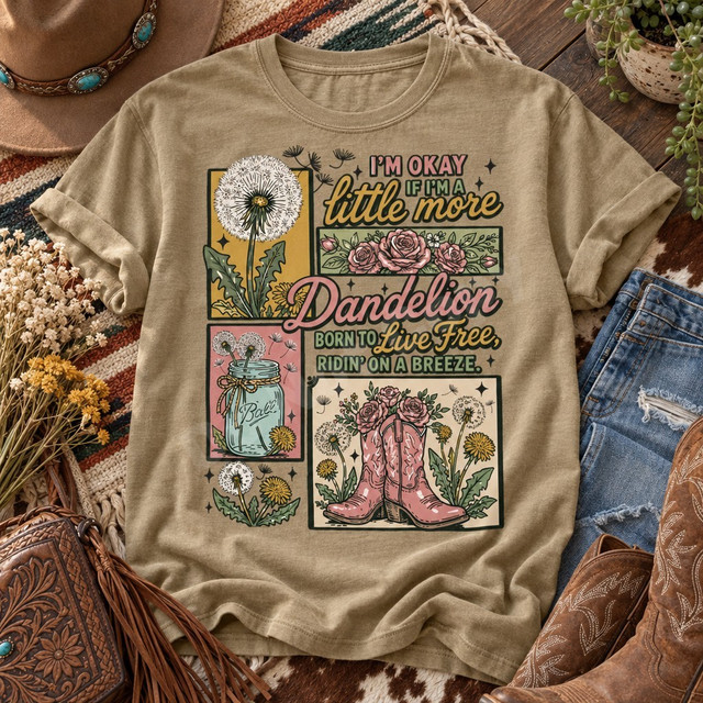 Boho western DTF transfer with dandelions, pink roses, mason jar bouquet, and pink cowboy boots around a dandelion-themed quote Shown on a Hemp t-shirt.