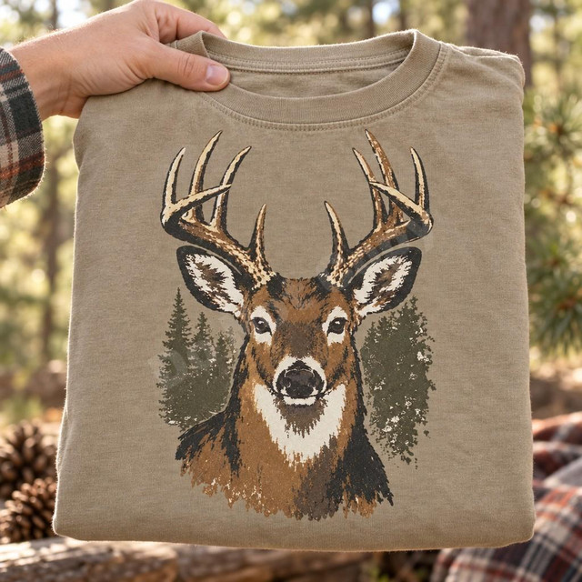 Whitetail Buck DTF Transfer | Painterly Deer Hunting Design, painterly whitetail buck with large antlers and forest silhouettes printed on a folded tan T-shirt held outdoors