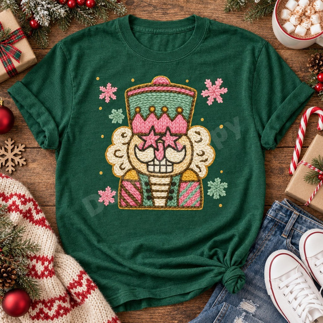 Embroidered-look nutcracker head DTF transfer with pink crown, green cap, star-shaped eyes, and cream fur beard surrounded by pink and sage snowflakes Shown on a Emerald t-shirt.