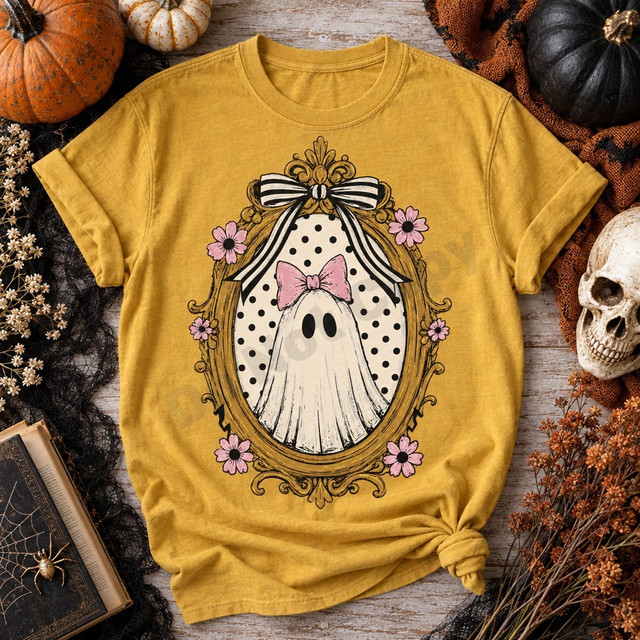 Cute ghost wearing a pink bow in an ornate gold vintage mirror frame with pink florals on a cream polka-dot background, printed as a DTF transfer on a mustard yellow shirt Shown on a Mustard t-shirt.