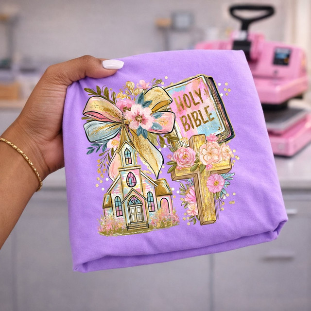 Holy Bible DTF transfer with pastel church, wooden cross, pink florals, and gold bow design