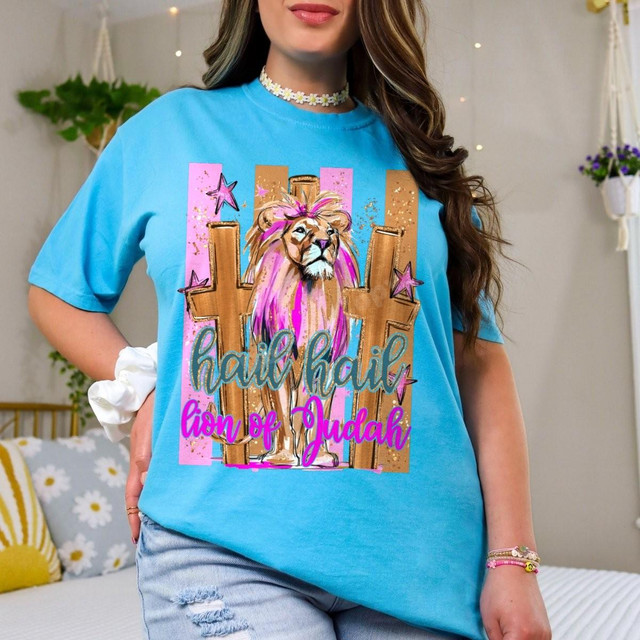 Hail Hail Lion of Judah DTF Transfer | Faith-Based Christian Design, colorful Christian lion graphic with “Hail Hail Lion of Judah” lettering displayed on a bright blue T-shirt