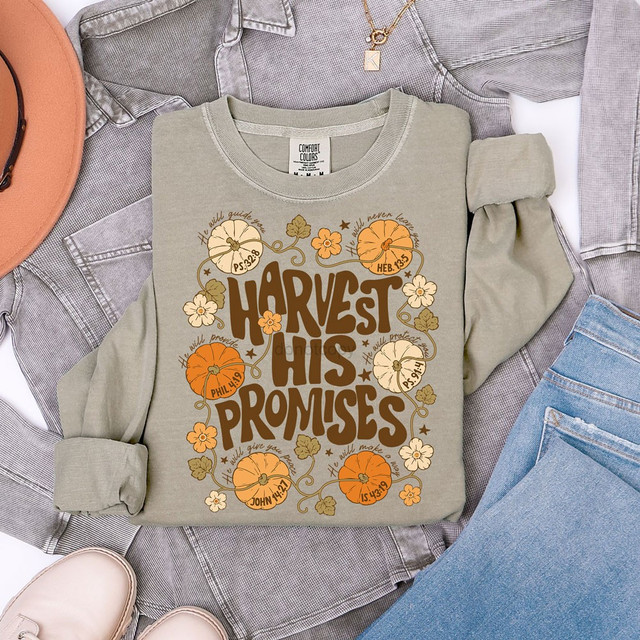 Harvest His Promises faith DTF transfer with pumpkins, florals, and Bible verse references in a retro fall color palette