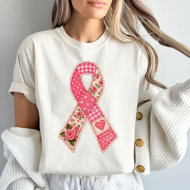 Pink awareness ribbon DTF transfer with quilted patchwork pattern featuring gingham, polka dots, florals, and a heart patch