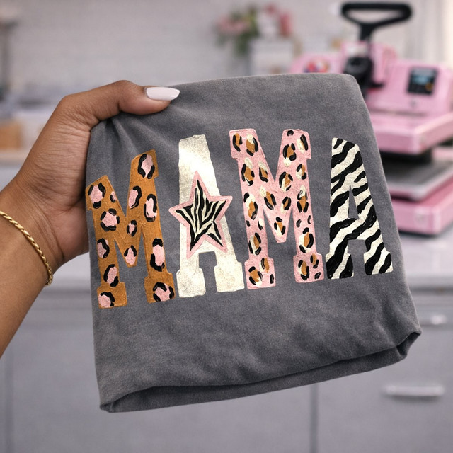 MAMA DTF transfer with hand-painted leopard, zebra, and gold letters and a zebra print star accent