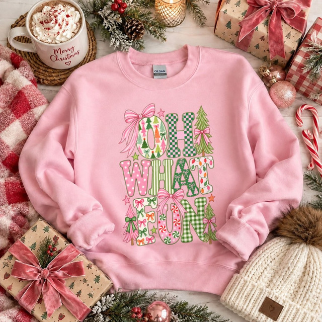 Oh What Fun Christmas DTF transfer with pink and green patterned bubble letters, bows, candy canes, and Christmas trees