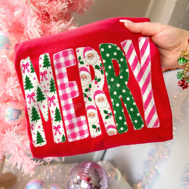 MERRY faux-embroidered patchwork DTF transfer with pink gingham, Christmas trees, Santa faces, green polka dots, and candy cane stripe lettering