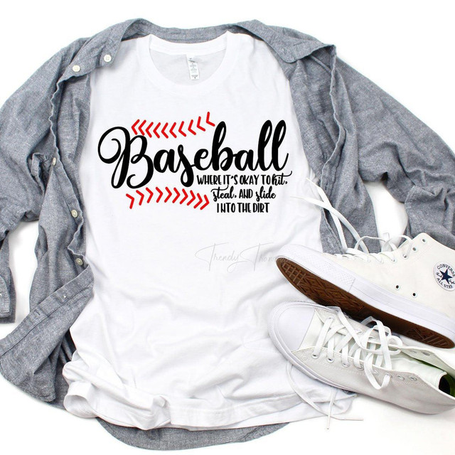 Baseball Sublimation Transfer, white t-shirt with custom baseball-themed design and text.