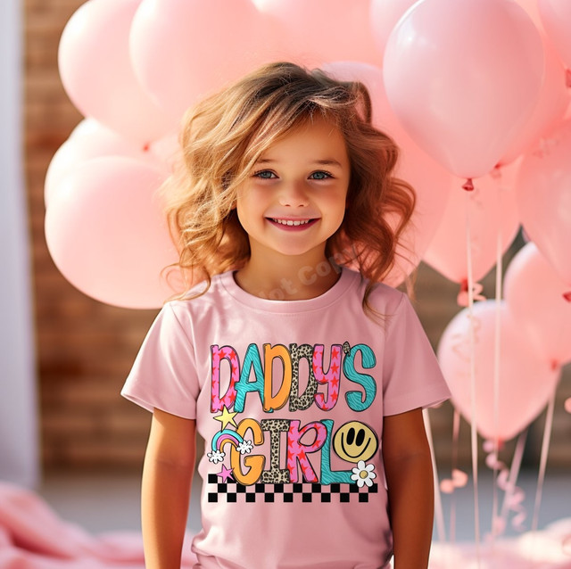 Daddy's Girl DTF transfer in colorful retro lettering with leopard print accents, rainbow, smiley face, and checkered stripe