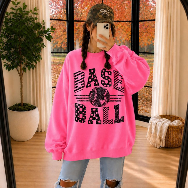 BASEBALL DTF transfer with mixed polka dot and striped block letters, distressed baseball graphic with heart, and center stripe design