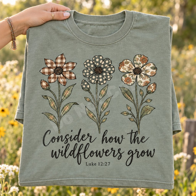 Consider How The Wildflowers Grow Luke 12:27 DTF transfer with three stitched-style wildflowers in buffalo plaid, polka dot, and floral fabric patterns Shown on a Sage t-shirt.