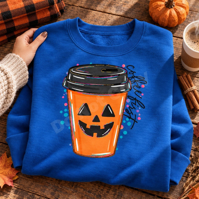 Coffee First jack-o-lantern coffee cup DTF transfer with carved pumpkin face, black lid, and colorful hand-drawn highlights and confetti dots Shown on a Sapphire crewneck sweatshirt.
