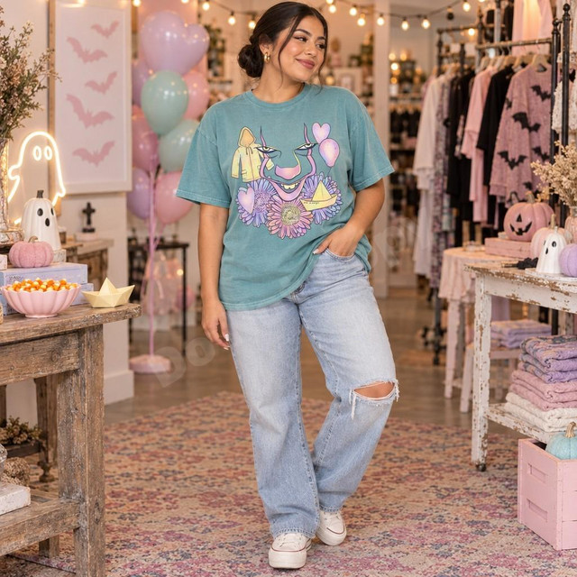 Pastel Clown Daisies DTF Transfer | Spooky Cute Horror Design, pastel horror clown face and daisy graphic printed on a teal T-shirt modeled in a Halloween-themed boutique