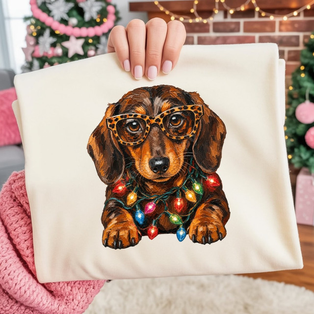 Dachshund puppy DTF transfer wearing leopard print glasses and wrapped in colorful Christmas lights, painterly textured art style