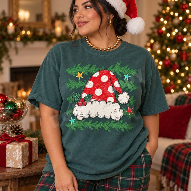 Distressed vintage-sketch red and white polka-dot Santa hat DTF transfer with fur trim, holly berries, pine branches, and colorful stars Shown on a Blue Spruce t-shirt.