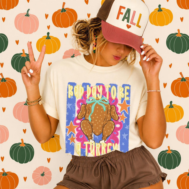 Bad Day to Be a Turkey Thanksgiving DTF transfer with roasted turkey graphic, retro stars, and bold hand-lettered text on a blue and pink background