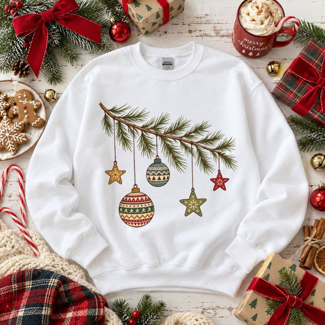 Christmas DTF transfer featuring a pine branch with hanging folk-art ornaments and stars in red, green, and gold