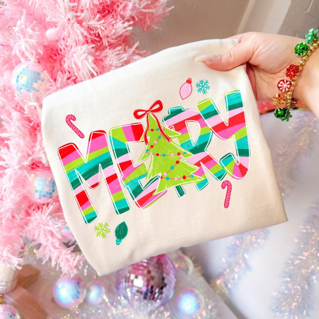 Merry Christmas DTF transfer with colorful candy-stripe lettering, a doodle Christmas tree, snowflakes, and candy canes in bright pink, green, and teal