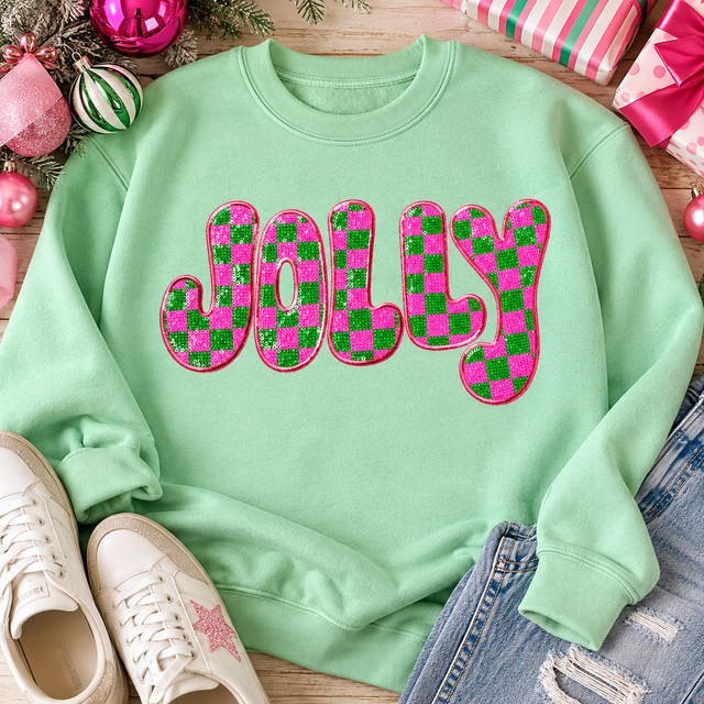 Pink and green checkerboard Jolly sequin Christmas patch on mint green sweatshirt