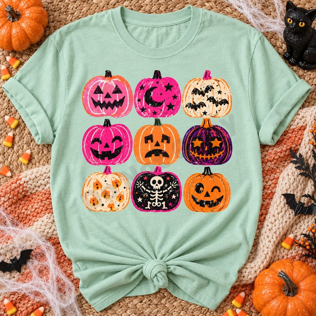 Retro block-print jack-o-lantern grid DTF transfer with nine pink, orange, and purple pumpkins featuring stars, moons, bats, a skeleton, and candy corn designs Shown on a Chalky Mint t-shirt.