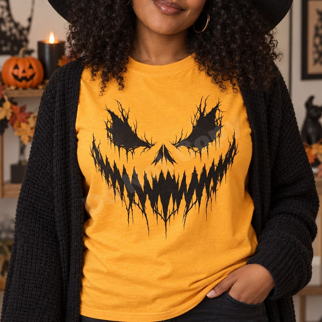Scary jack-o-lantern face DTF transfer with crackled black ink eyes, sharp nose, and zigzag toothy grin on an orange shirt Shown on a Citrus t-shirt.