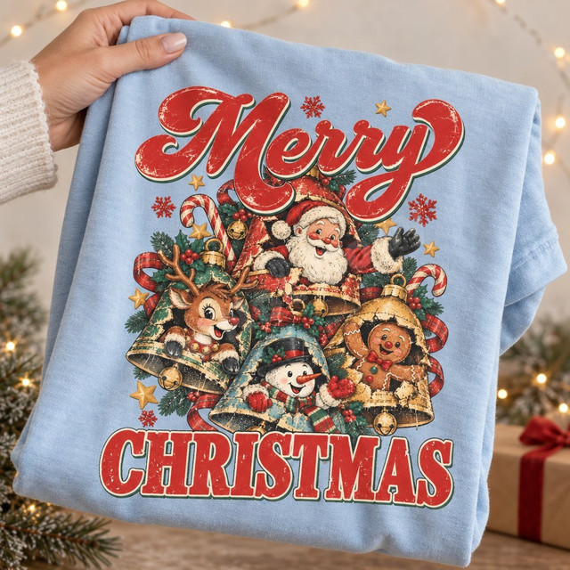 Merry Christmas DTF transfer with vintage-style Santa, reindeer, snowman, and gingerbread man peeking out of cracked bells, surrounded by candy canes, holly, and snowflakes Shown on a Ice Blue t-shirt.