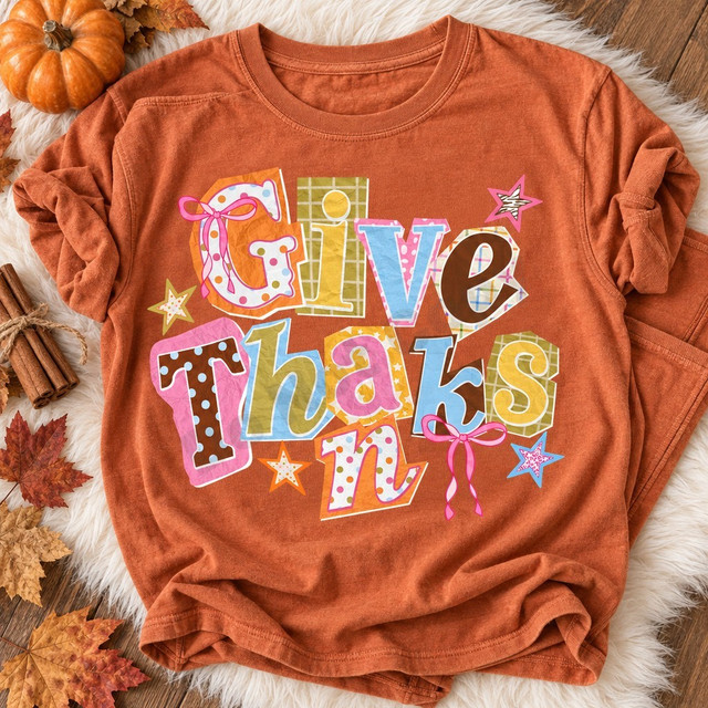 Give Thanks scrapbook-style word art DTF transfer with mixed patterned paper letters, pink ribbon bows, and sparkly stars Shown on a Terracotta t-shirt.