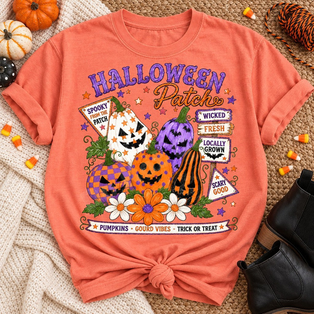 Halloween Patch DTF transfer featuring hand-painted folk-art jack-o'-lantern pumpkins in stars, checks, polka dots, and stripes with wooden sign accents and daisies Shown on a Bright Salmon t-shirt.