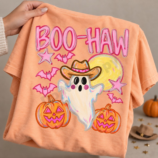BOO-HAW Halloween DTF transfer with a hand-painted cowboy ghost in a brown western hat, glowing yellow moon, jack-o-lanterns, pink bats, and stars Shown on a Peachy t-shirt.