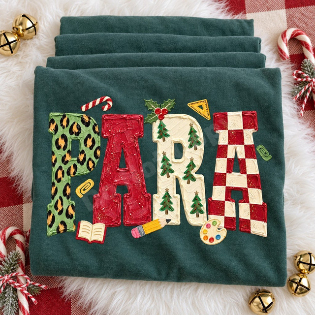 PARA chunky bubble letter DTF transfer with leopard print, red paint texture, Christmas tree, and checkerboard patterns surrounded by holly, a candy cane, a pencil, and a paint palette Shown on a Blue Spruce t-shirt.