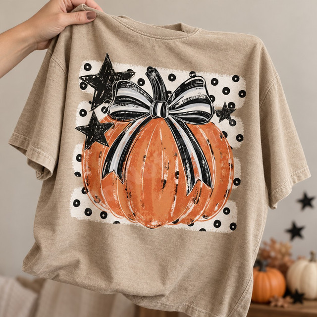 Hand-illustrated orange pumpkin DTF transfer with black-and-white striped bow, black stars, and polka-dot background Shown on a Sandstone t-shirt.