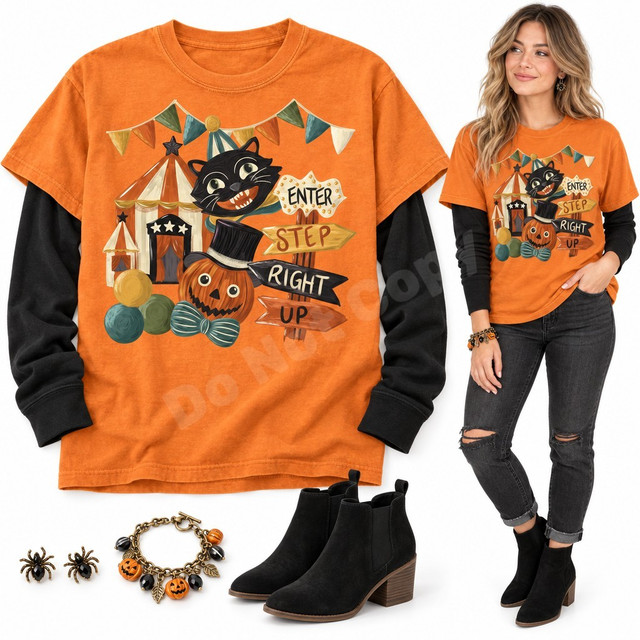 Vintage carnival-style Halloween DTF transfer with grinning black cat, top-hatted jack-o'-lantern, striped circus tent, bunting, and Enter Step Right Up signpost Shown on a Citrus t-shirt.